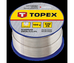 Припій оловяний TOPEX Sn60Pb40 флюс SW26 дріт 1мм 100гр 44E514 - Фото