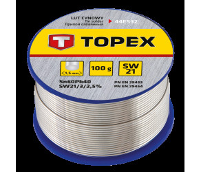 Припій оловяний TOPEX Sn60Pb40 флюс SW21 дріт 15мм 100гр 44E532 - Фото