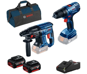 Набір із двох акумуляторних інструментів Bosch 18В перфоратор GBH 180-LI дриль-шурупокрут GSR 180-LI акб 2х4А·год сумка 0615990M31 - Фото