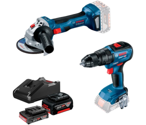 Набір із двох акумуляторних інструментів Bosch 18В шліфмашина кутова GWS180-LI дриль-шурупокрут GSB 18V-50 зарядний пристрій акб 2х4А·год 0615990M8 - Фото