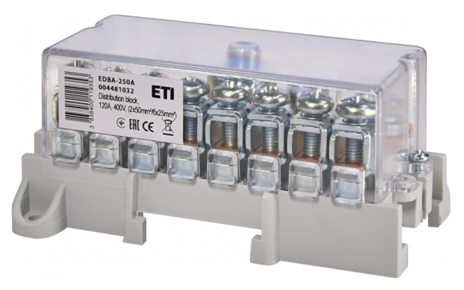 Блок розподільчий ETI EDBA-250A (250А, 400В, 1х120мм?/1х50мм?+8х25мм?) (004481032)