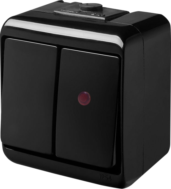 Выключатель двухклавишный с подсветкой ETI VHE-2L-BL (черный, IP54) (004668087)