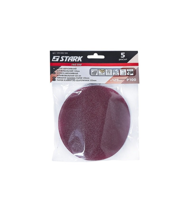 Папір шліфувальний D125 мм з. 100  5шт. метал/дерево, без отворів (уп.5 шт.) STARK (125005100)