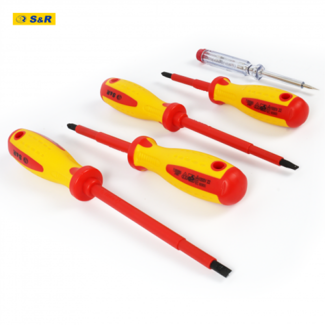 Dielectric set (1000 V) 5 pcs. (PH1x75, PH2x100, SL5.5x1.0x125, SL6.5x1.2x150, 145mm tester) S&R (250681305)