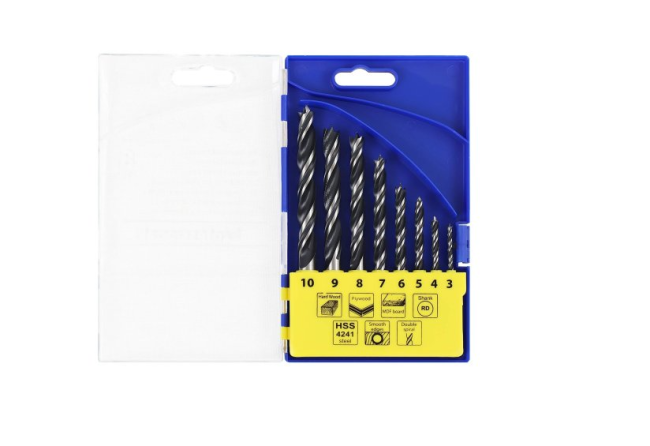 Set of drill bits for wood, HSS with a double spiral, 8 pcs.: 3, 4, 5, 6, 7, 8, 9, 10 mm, in a plastic case S&R (216801008)