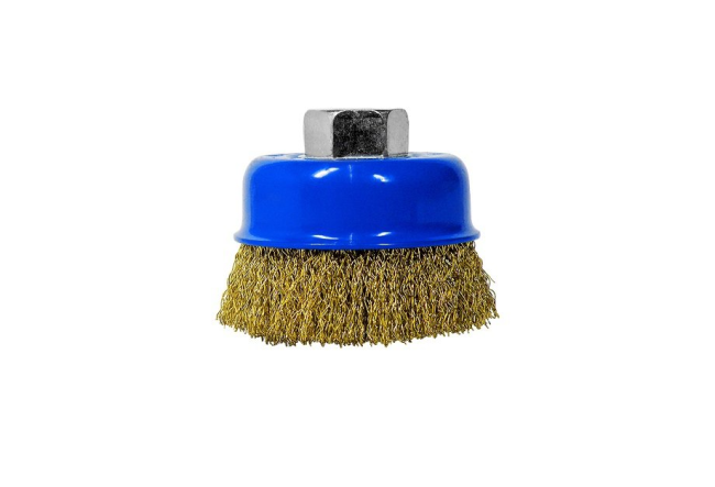 Щетка чашечная, витая (рифленая) проволока 75мм x M14 d0,3 об/мин 12500 латунированная стальная проволока в блистере S&R (136132075)