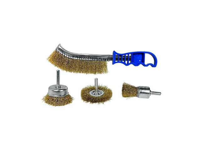 Set of 4 brushes: hand brush 250mm, for drill - 25mm, 50mm, 50mm, corrugated wire, tail. 6mm, d0.3 S&R (136600004)