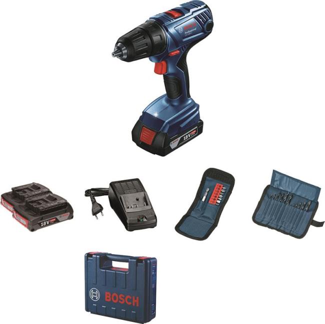 Шурупокрут-дриль акумуляторний Bosch GSR 180 LI 18В 2х2.0А·год 21·54Нм 450·1700об·хв набір біт 11 шт+набір свердл 12 шт 1.6кг 0.601.9F8.10A