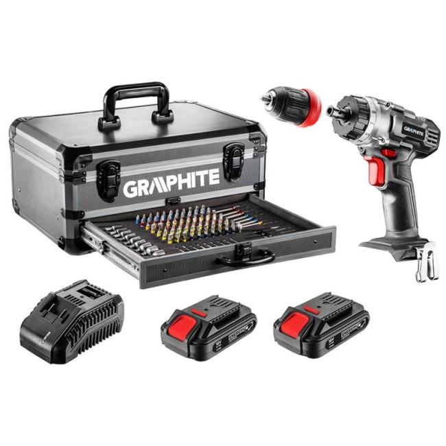 Шурупокрут-дриль акумуляторний GRAPHITE Energy+ 18В 2х2.0А·год 44Нм 0-1250об·хв набір 109шт приладдя кейс 7.35кг 58G022-PS15